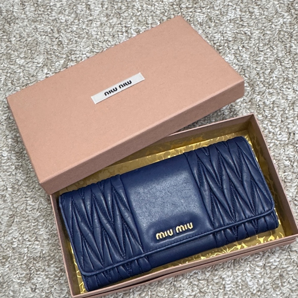 Miu Miu Navy Quilted Leather Continental Wallet with Gold Logo,
